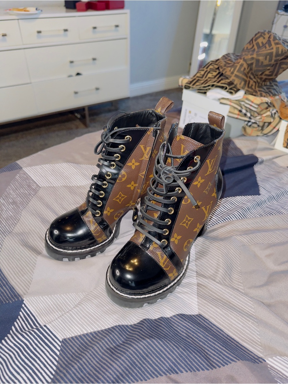 Louis Vuitton Brown & Black Monogram Lace-Up Ankle Boots